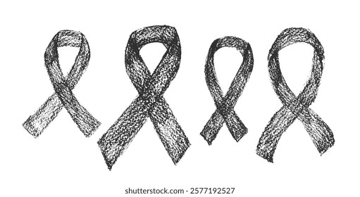 Crayon ribbon awareness set. Symbol of solidarity campaign doodle isolated on white background. elements. Vector drawn by pencil illustration