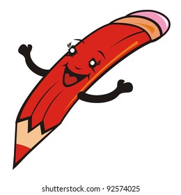 crayon with rubber, red color, vector funny illustration