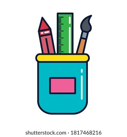 crayon with ruler and paint brush in jar, line and fill style icon vector illustration design
