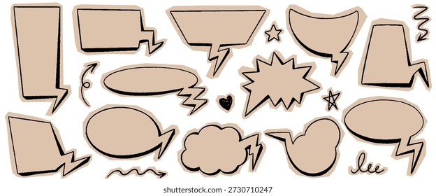 Conjunto de burbujas de discurso de scrapbook de crayón. Globo de la charla del garabato del papel del arte rasgado en estilo del bosquejo, nube del discurso del texto del garabato. Globos de comunicación del diálogo del grunge del Vector con el papel beige del rasgón del arte.