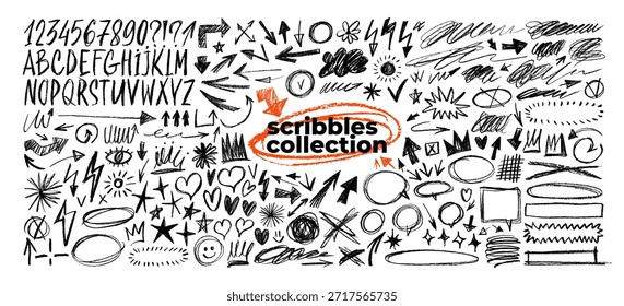 Crayon Schribble Alphabet, Zahlen und Scrawls Sammlung. Freihand-Kritzeleien, handgezeichnete Betonungsformen, Pfeile, Textfelder, Holzkohlenkritzeleien. Kinderliche Marker-Kratzer, Buntstifte und Kritzeleien.