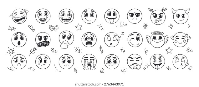 Crayon scribble emoticon set with various expressions. Outline hand drawn characters showing happiness, sadness, anger, laughter. Sketch chalk-style icons with grunge texture. Black and white vector