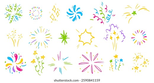 Crayon and scribble firework set of festive elements - doodle bright bursts, sparkling stars, swirls and glowing flashes. Hand drawn celebration designs for greeting cards, party and event background.