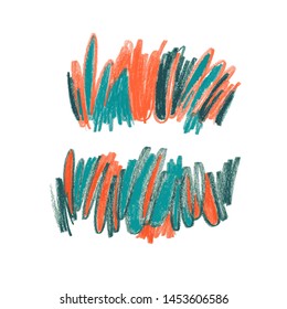 Crayon scribble hand drawn vector illustration. Colorful wavy wax pencil scrawl. Freehand watercolor modern art isolated on white background. Childish orange and green doodle Illustration. 