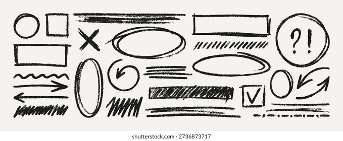 Crayon Scribble Highlight. Hand Drawn Vector Pencil Underline, Rectangle and Oval Borders, Question Mark, Check, Arrows, X. Doodle Chalk Textures Set in Kids Style for Sticker, Poster, Web Design
