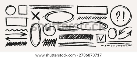 Crayon Scribble Highlight. Hand Drawn Vector Pencil Underline, Rectangle and Oval Borders, Question Mark, Check, Arrows, X. Doodle Chalk Textures Set in Kids Style for Sticker, Poster, Web Design