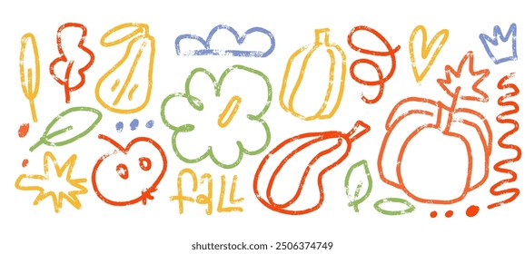 Crayon scribble texture autumn elements set with mushroom, stars, apples, pumpkin, oak leaves. Vector textured childish illustration for fall season.