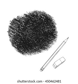 Crayon scribble texture. Wax pastel spot. Pencil hand painted grunge chalk backdrop. Black on white. Vector background with pencil and eraser.