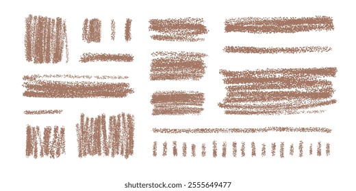 Crayon scribbles in color of year 2025, mocha mousse colored hand drawn chalk scrawls. Doodle sketch drawings with rough texture, stroke stains. Vector illustrations isolated on white background