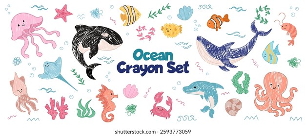 Crayon Sea animal kids style set. Ocean underwater element collection with wild ocean animal. Childish tropical colorful fish, coral, whale, starfish, seahorse. Vector children scribbles