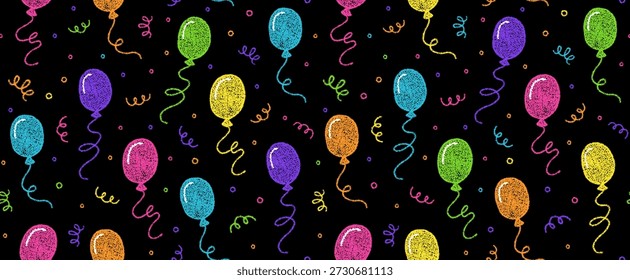 Stift nahtloses Muster mit Ballons für Happy Birthday Party Dekoration, Papier oder Grußkarte. Doodle-Ballons und Konfetti mit Kreide-Textur auf schwarzem Hintergrund, Vektorgrafik