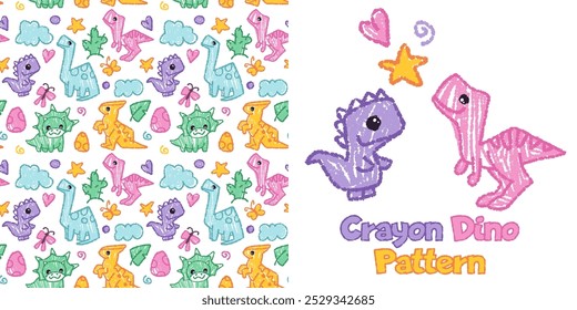 Crayon Seamless pattern with children's drawing. Vector cartoon doodle illustration with cute dinosaurs, animals and monsters for textile printing or notebook cover, kindergarten design