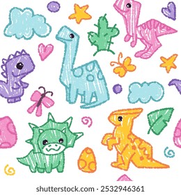 Patrón sin fisuras con dibujos para niños. Vector ilustración de dibujos animados doodle con dinosaurios lindos para la impresión textil o cubierta de cuaderno, diseño de jardín de infantes