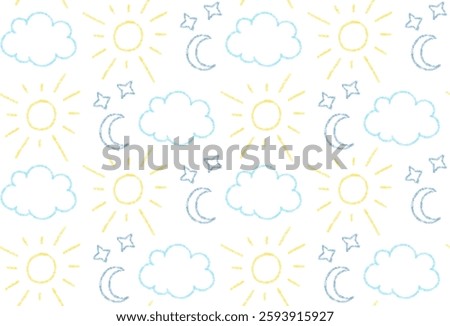 Crayon seamless pattern with cute cloud, sun, moon and stars. Abstract background with color chalk doodle icons of sun, cloud and moon. Concept of day and night sky, vector illustration