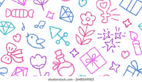 Crayon seamless pattern with hand drawn love icons. Valentines day bg with doodle heart, flowers, gift box and diamonds with chalk texture, vector illustration