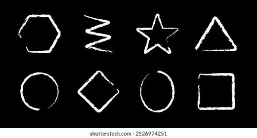 Crayon shapes. Chalk square, triangle, star, circle, zig zag. Handwriting brush vector figures. Best for kids theme, poster, texture. White shapes on black background