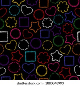 Crayon shapes pattern. Diferent chalk drawing shape print. Crayon heart, circle, square,star symbol hand rdawn wax crayons. Color pastel freehand drawn shapes on black background. Fabric, textile.