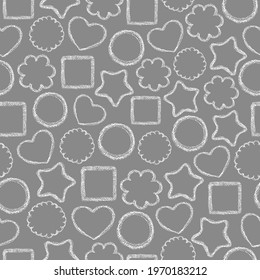 Crayon shapes pattern. Diferent chalk drawing shape print. Crayon heart, circle, square,star symbol hand rdawn wax crayons.Color pastel freehand drawn shapes on white background.Fabric, textile textre