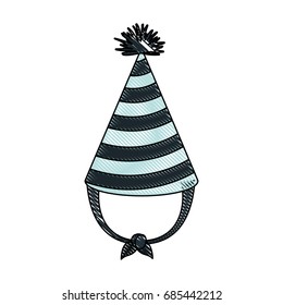 crayon silhouette of hand drawing blue party hat with thick lines around decoratives vector illustration