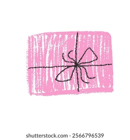 Crayon simple gift box. Scribble style festive present Chalk drawing holiday decorative giftbox packaging. Vector illustration isolated on white background