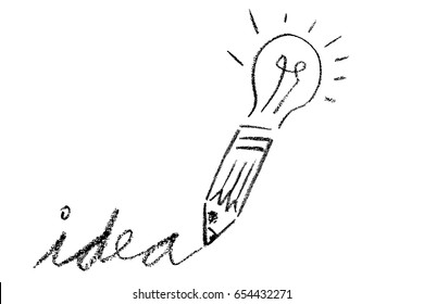 Crayon Sketch Bulb and Pencil, Illustration for Idea