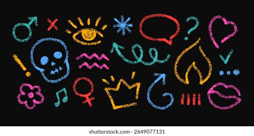 Crayon sketch drawings. Chalk pencil doodle icons of arrow, heart, crown, flower, tick and cross marks. Color hand drawn gender signs, speech bubble, eye and skull with crayon texture, vector set