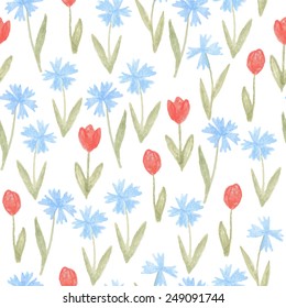 crayon sketch seamless floral pattern with dandelion and tulip