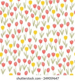crayon sketch seamless pattern with flowers tulip