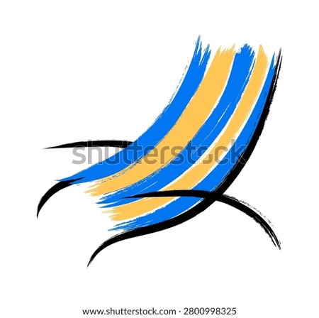Crayon sketch of a summer sunbed with umbrella and sun, rough hand drawn texture and beach lounge detail. Symbol of relaxation, vacation, leisure, getaway, and warmth. Cartoon vector illustration.