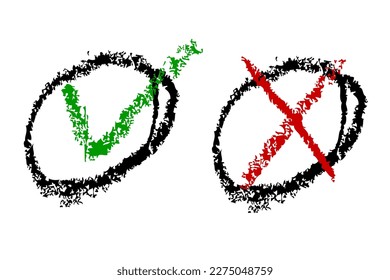 crayon sketch true false red green black symbol, isolated on white
