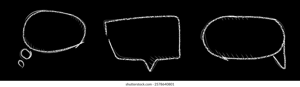 Crayon sketched speech bubble shapes on black background - thought cloud, dialog frame and oval talk elements. Hand drawn chalk like communication symbols for comic messages or conversation design.