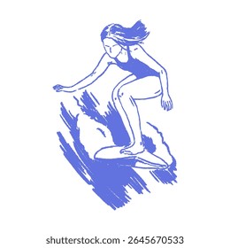Crayon sketched of surfing girl in dynamic pose for beach sports, Hawaii travel, summer vibes, minimal chalk drawings, ocean lifestyle design. Hand-drawn vector energetic coastal art.