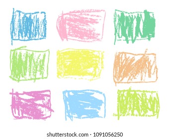 Crayon soft pastel color rectangular colorful vector shapes set. Like kid`s drawn art strokes square design elements. Like child`s hand drawn pencil wax pastel chalk background. Funny childlike banner