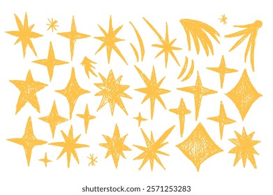 Crayon sparkle stars set. Space shine shapes and blings doodle pack. Comets and blinking on night sky. Vector handdrawn by pencil or pastel illustration isolated on white background.