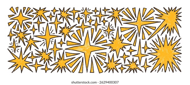 Crayon sparkle stars set. Space shine shapes and blings doodle pack.Vector hand drawn by yellow pencil or pastel illustration on white background.