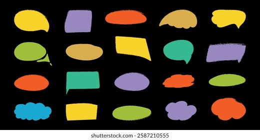 Crayon speech balloon set in doodle style. Chalk shapes of bubble for text, chat, icon, title. Hand drawn childish frames with grunge texture. Isolated child vector illustration.
