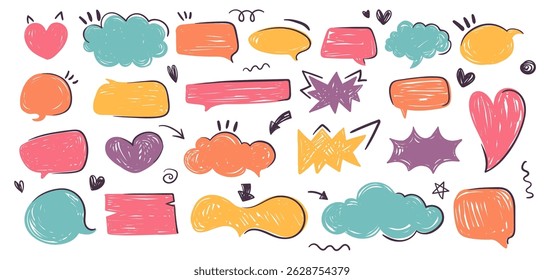 Crayon speech balloon set in hand-drawn doodle style. Chalk brush talk bubbles for chat, notes, and fun design. Sketchy cartoon shapes for playful speech and message highlights. Vector big collection