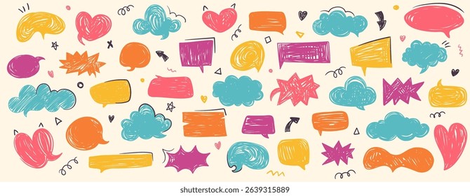 Crayon speech balloon set in hand-drawn doodle style. Chalk brush talk bubbles for chat, notes, and fun design. Sketchy cartoon shapes for playful speech and message highlights. Vector big collection