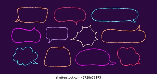 Sprechblase für Buntstifte. Abstrakter Doodle-Textrahmen. Handgezeichneter Liniencomic-Dialog. Sprechblase mit Kreidetextur. Sprechblase für Chatnachrichten. Wolkenform. Vektorgrafik einzeln auf dunklem Hintergrund.