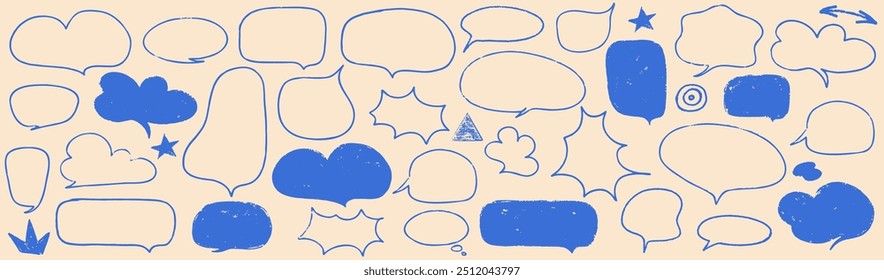 Crayon speech bubble children set. Round, cloud and star frame for text. Chalk texture dialog speech balloon. Crayon bubble for talk and children comic design. Vector illustration