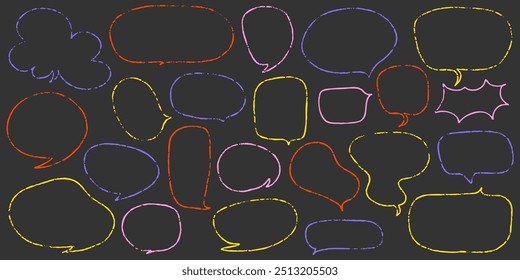 Crayon speech bubble children set. Round, cloud and star frame for text. Chalk texture dialog speech balloon. Crayon bubble for talk and children comic design. Vector illustration