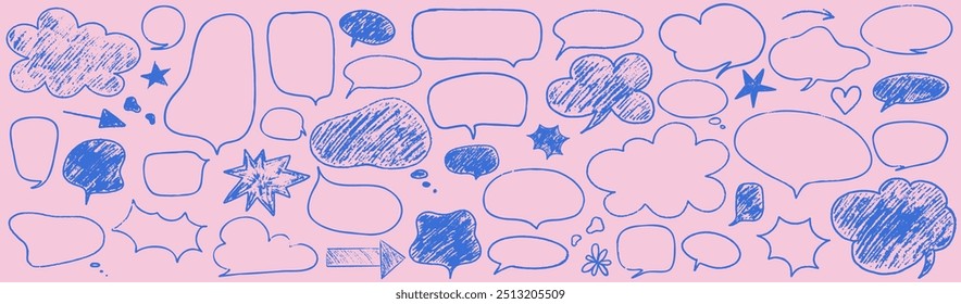 Crayon speech bubble children set. Round, cloud and star frame for text. Chalk texture dialog speech balloon. Crayon bubble for talk and children comic design. Vector illustration