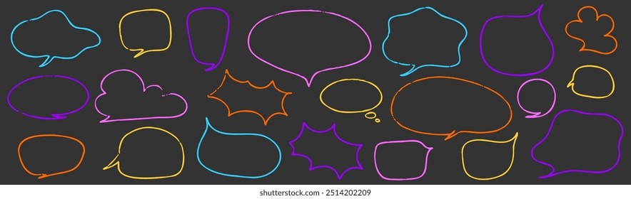 Crayon speech bubble children set. Round, cloud and star frame for text. Chalk texture dialog speech balloon. Crayon bubble for talk and children comic design. Vector illustration