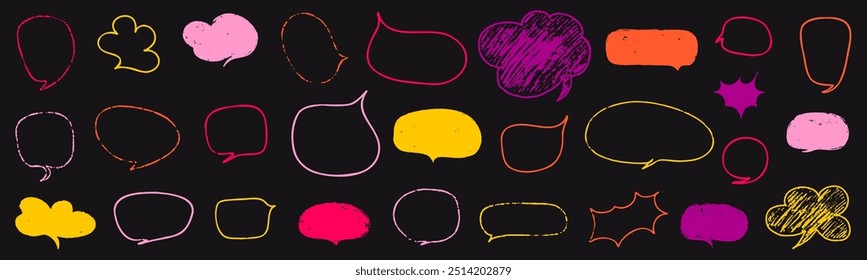 Crayon speech bubble children set. Round, cloud and star frame for text. Chalk texture dialog speech balloon. Crayon bubble for talk and children comic design. Vector illustration