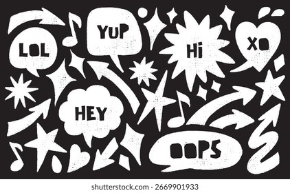 Bolha de fala de giz de cera e elemento de rabiscar definido em estilo desenhado à mão. Setas de giz coloridas, notas musicais e estrelas perfeitas para projetos cômicos infantis ou pacotes de adesivos. Coleção de escola rabugenta e brincalhão.