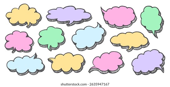 Quadros de Bolhas de Fala de Crayon. Balão De Conversa De Giz Vetorial. Conjunto de Rabiscos da Caixa de Texto. Ilustrações de bate- papo coloridas.