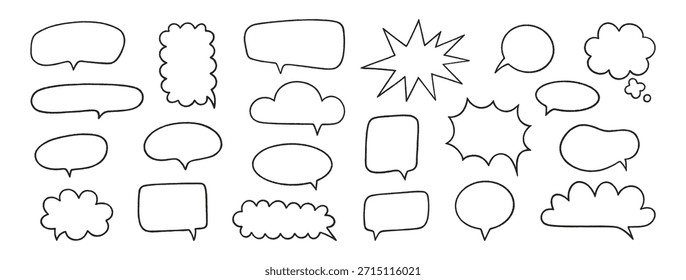 Conjunto de burbujas de discurso de crayón. Cajas de charla. Marcos dibujados a mano de tiza de línea. Estilo de garabatos para niños. Nube de globo de diálogo. Dibujo a lápiz, Elementos de pensamiento negro sobre fondo blanco. Ilustración vectorial