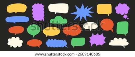 Crayon speech bubble set. Chat talk boxes. Chalk colorful frames. Kid doodle style. Dialogue balloon silhouette clouds. Pencil drawing, thought elements, black background. Vector illustration