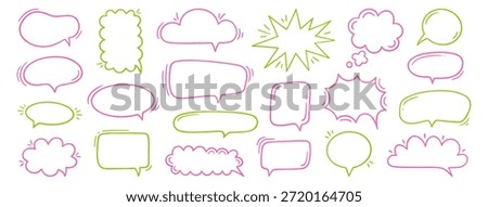 Crayon speech bubble set. Chat talk boxes. Line drawn colorful chalk frames. Kid doodle pencil drawing, dialogue balloon clouds. Thought elements on white background. Vector illustration