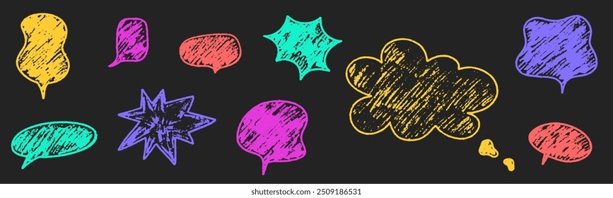 Crayon speech bubble set. Round, cloud and star frame for text. Chalk texture dialog balloon. Crayon bubble for talk and comic design. Vector illustration